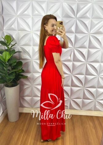 Vestido Viscolinho Com Bojo Longo Com Lastex Na Cintura Manga Princesa Renata - Vermelho - Milla Chic
