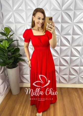 Vestido Viscolinho Com Bojo Longo Com Lastex Na Cintura Manga Princesa Renata - Vermelho - Milla Chic