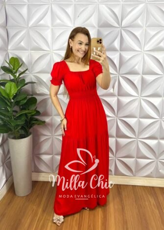 Vestido Viscolinho Com Bojo Longo Com Lastex Na Cintura Manga Princesa Renata - Vermelho - Milla Chic