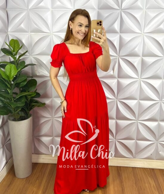 Vestido Viscolinho Com Bojo Longo Com Lastex Na Cintura Manga Princesa Renata - Vermelho - Milla Chic