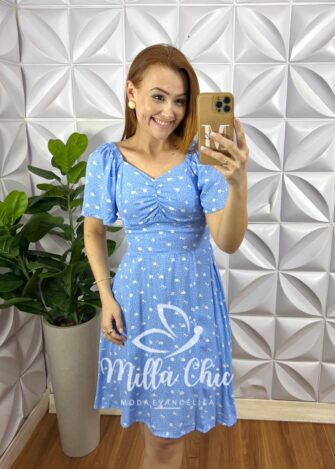 Vestido Viscolinho Com Drapeados No Busto Curto Evase Lastex Nas Costas Erika - Azul - Milla Chic