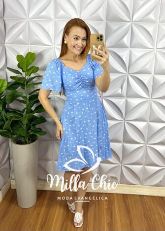 Vestido Viscolinho Com Drapeados No Busto Curto Evase Lastex Nas Costas Erika - Azul - Milla Chic