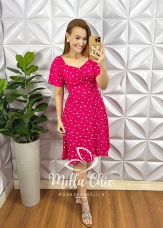 Vestido Viscolinho Com Drapeados No Busto Curto Evase Lastex Nas Costas Erika - Pink - Milla Chic