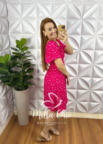 Vestido Viscolinho Com Drapeados No Busto Curto Evase Lastex Nas Costas Erika - Pink - Milla Chic