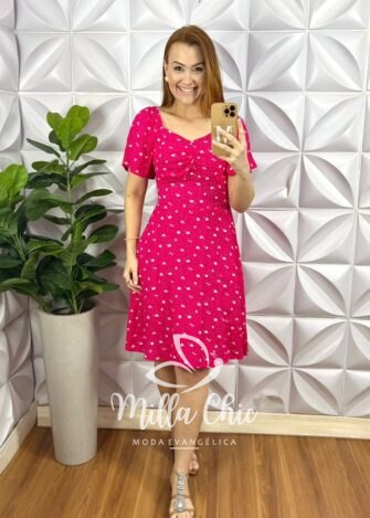 Vestido Viscolinho Com Drapeados No Busto Curto Evase Lastex Nas Costas Erika - Pink - Milla Chic