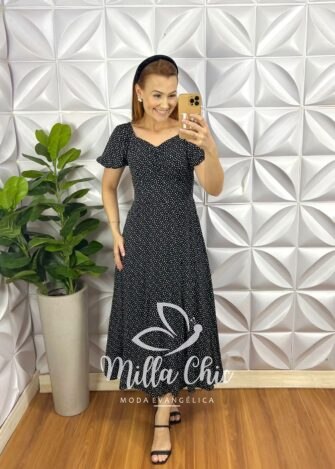 Vestido Viscolinho Com Drapeados No Busto Mídi Estampado Sheila - Preto (poá) - Milla Chic