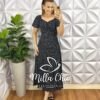 Vestido Viscolinho Com Drapeados No Busto Mídi Estampado Sheila - Preto (poá) - Milla Chic