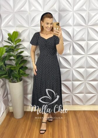 Vestido Viscolinho Com Drapeados No Busto Mídi Estampado Sheila - Preto (poá) - Milla Chic