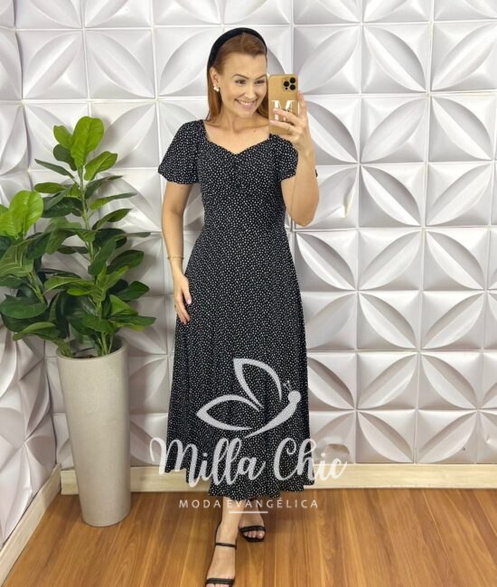 Vestido Viscolinho Com Drapeados No Busto Mídi Estampado Sheila - Preto (poá) - Milla Chic