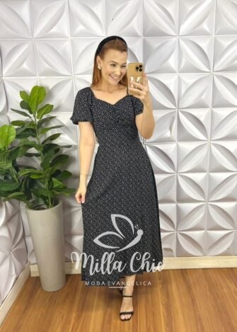 Vestido Viscolinho Com Drapeados No Busto Mídi Estampado Sheila - Preto (poá) - Milla Chic