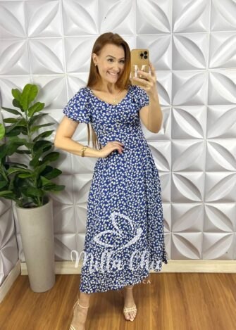 Vestido Viscolinho Com Gola Mídi Lastex Nas Costas Estampado Elisa - Azul - Milla Chic