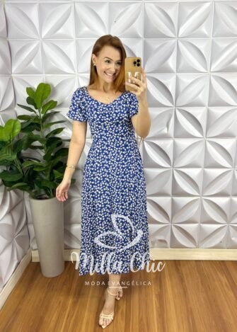 Vestido Viscolinho Com Gola Mídi Lastex Nas Costas Estampado Elisa - Azul - Milla Chic
