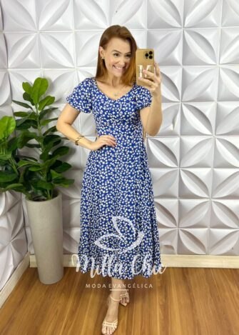 Vestido Viscolinho Com Gola Mídi Lastex Nas Costas Estampado Elisa - Azul - Milla Chic