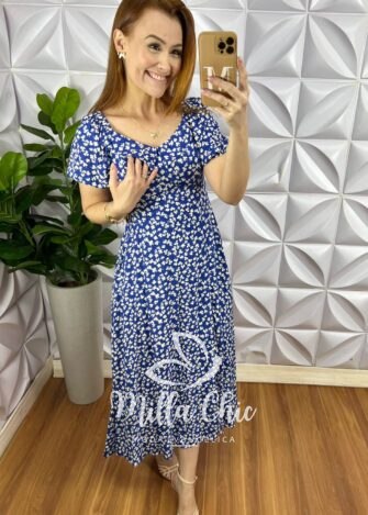Vestido Viscolinho Com Gola Mídi Lastex Nas Costas Estampado Elisa - Azul - Milla Chic