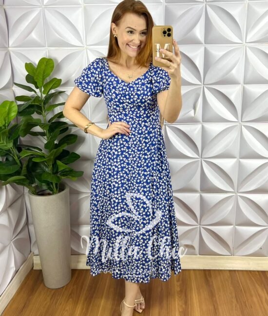 Vestido Viscolinho Com Gola Mídi Lastex Nas Costas Estampado Elisa - Azul - Milla Chic