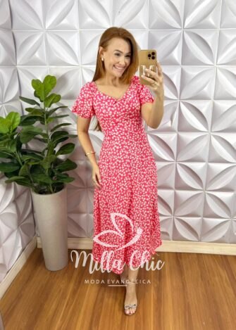 Vestido Viscolinho Com Gola Mídi Lastex Nas Costas Estampado Elisa - Rosa - Milla Chic