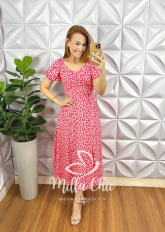 Vestido Viscolinho Com Gola Mídi Lastex Nas Costas Estampado Elisa - Rosa - Milla Chic