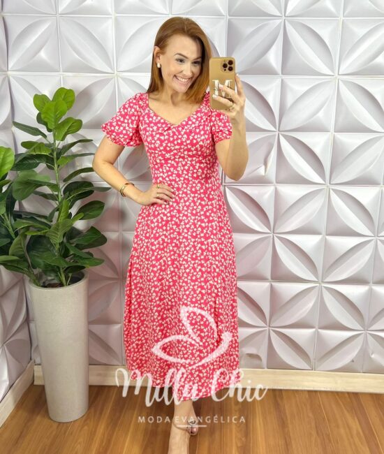 Vestido Viscolinho Com Gola Mídi Lastex Nas Costas Estampado Elisa - Rosa - Milla Chic