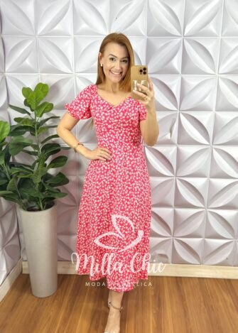 Vestido Viscolinho Com Gola Mídi Lastex Nas Costas Estampado Elisa - Rosa - Milla Chic