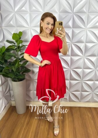 Vestido Viscolinho Curto Lastex Nas Costas Manga Raglan Ester - Vermelho - Milla Chic
