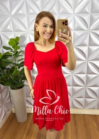 Vestido Viscolinho Curto Lastex Nas Costas Manga Raglan Ester - Vermelho - Milla Chic