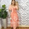 Milla Chic - millachic com br vestido viscolinho decote com 1 Vestido Viscolinho Decote Com Faixa Para Nó Lastex Nas Costas Longo Duas Marias Welita - Salmão - Milla Chic