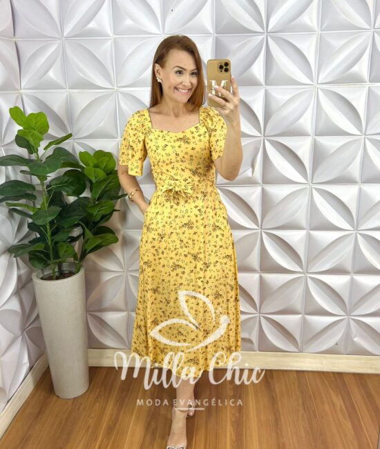 Vestido Viscolinho Decote V Manga 3/4 Lastex Na Cintura Mídi Fabiana – Preto (Estampado) - Milla Chic