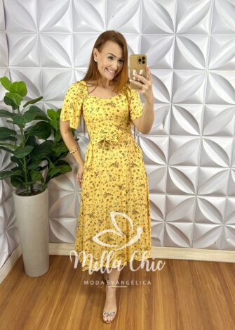Vestido Viscolinho Decote V Manga 3/4 Lastex Na Cintura Mídi Fabiana – Preto (Estampado) - Milla Chic