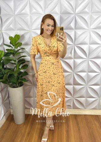 Vestido Viscolinho Decote V Torcido No Busto Lastex Nas Costas Evase Fabiane - Amarelo (estampado) - Milla Chic