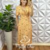 Vestido Viscolinho Decote V Torcido No Busto Lastex Nas Costas Evase Fabiane - Amarelo (estampado) - Milla Chic