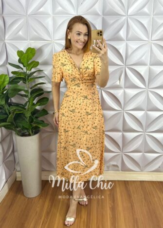 Vestido Viscolinho Decote V Torcido No Busto Lastex Nas Costas Evase Fabiane - Amarelo (estampado) - Milla Chic