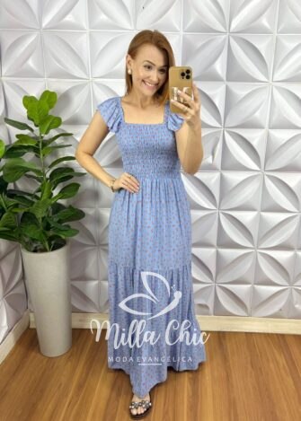 Vestido Viscolinho Manga Babadinho Longo Corpinho de Lastex Cilene - Azul (estampado) - Milla Chic