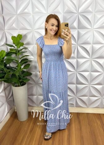 Vestido Viscolinho Manga Babadinho Longo Corpinho de Lastex Cilene - Azul (estampado) - Milla Chic