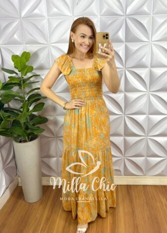 Vestido Viscolinho Manga Babadinho Longo Corpinho de Lastex Cilene - Laranja (estampado) - Milla Chic