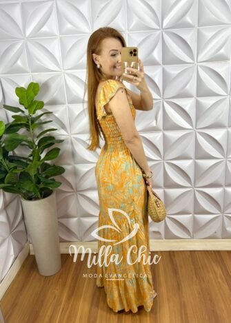 Vestido Viscolinho Manga Babadinho Longo Corpinho de Lastex Cilene - Laranja (estampado) - Milla Chic