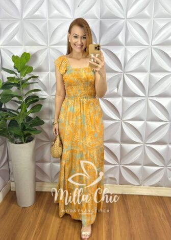 Vestido Viscolinho Manga Babadinho Longo Corpinho de Lastex Cilene - Laranja (estampado) - Milla Chic