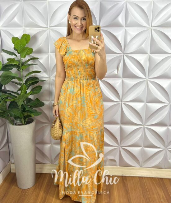 Vestido Viscolinho Manga Babadinho Longo Corpinho de Lastex Cilene - Laranja (estampado) - Milla Chic