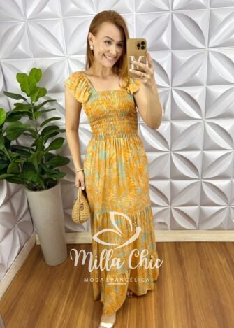Vestido Viscolinho Manga Babadinho Longo Corpinho de Lastex Cilene - Laranja (estampado) - Milla Chic