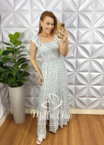 Vestido Viscolinho Manga Babadinho Longo Corpinho de Lastex Cilene - Branco (estampado) - Milla Chic