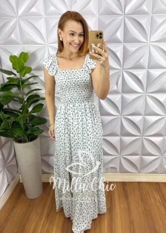 Vestido Viscolinho Manga Babadinho Longo Corpinho de Lastex Cilene - Branco (estampado) - Milla Chic