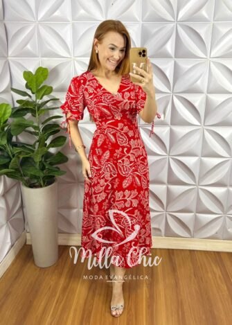 Vestido Viscolinho Manga Com Fita Lastex Nas Costas Mídi  Cecilia - Vermelho (Estampado) - Milla Chic