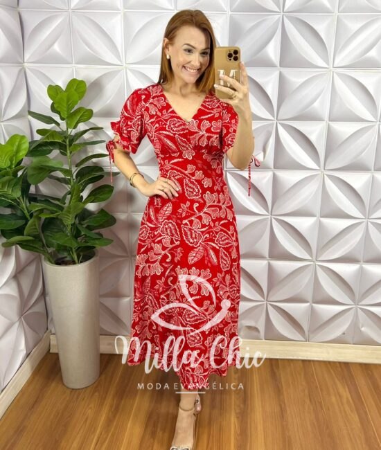 Vestido Viscolinho Manga Com Fita Lastex Nas Costas Mídi  Cecilia - Vermelho (Estampado) - Milla Chic