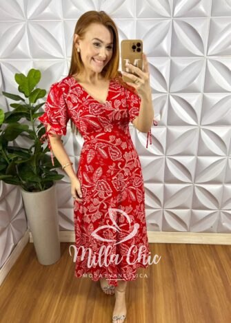 Vestido Viscolinho Manga Com Fita Lastex Nas Costas Mídi  Cecilia - Vermelho (Estampado) - Milla Chic