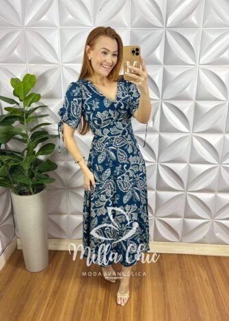 Vestido Viscolinho Manga Com Fita Lastex Nas Costas Mídi  Cecilia - Azul (Estampado) - Milla Chic