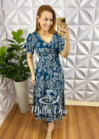 Vestido Viscolinho Manga Com Fita Lastex Nas Costas Mídi  Cecilia - Azul (Estampado) - Milla Chic