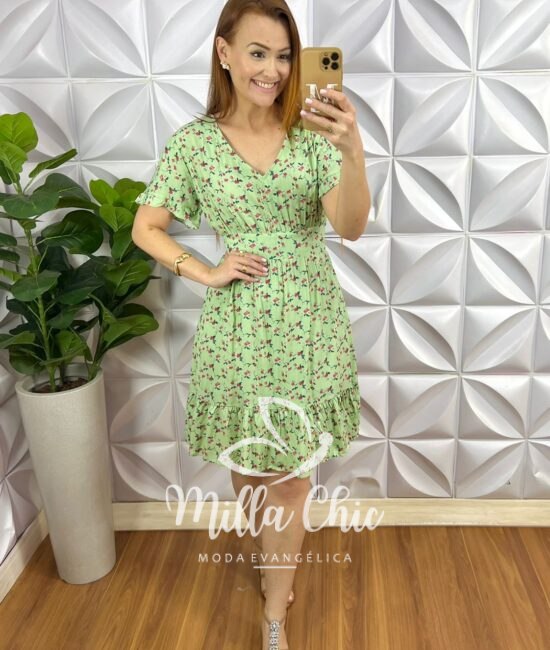 Vestido Viscose Manga Com Babadinho Lastex Nas Costas Curto Fabia - Verde - Milla Chic