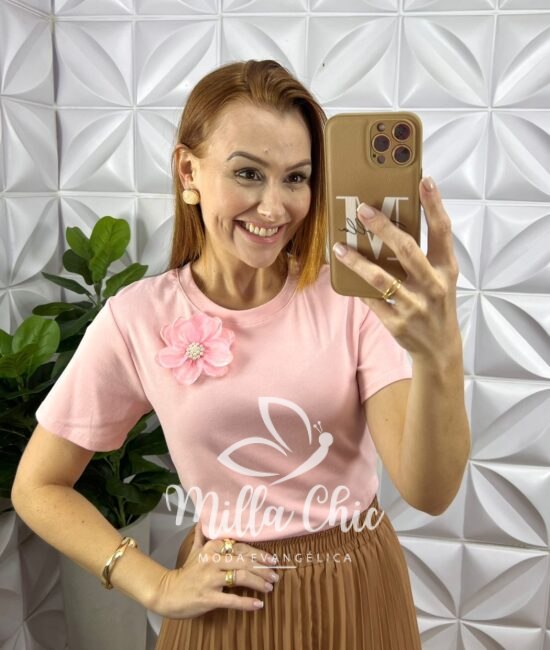 Blusa Camélia Com Flor Malha Algodão - Milla Chic