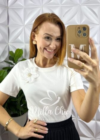 Blusa Camélia Com Flor Malha Algodão - Branca - Milla Chic