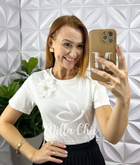 Blusa Camélia Com Flor Malha Algodão - Branca - Milla Chic