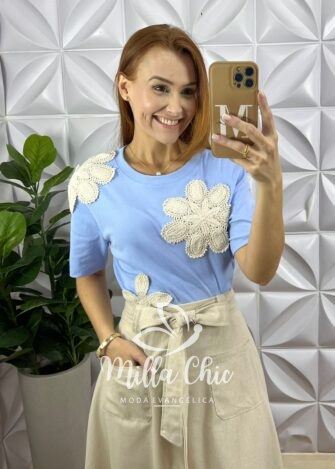 Blusa Com Aplicação Crochê Azul - Milla Chic